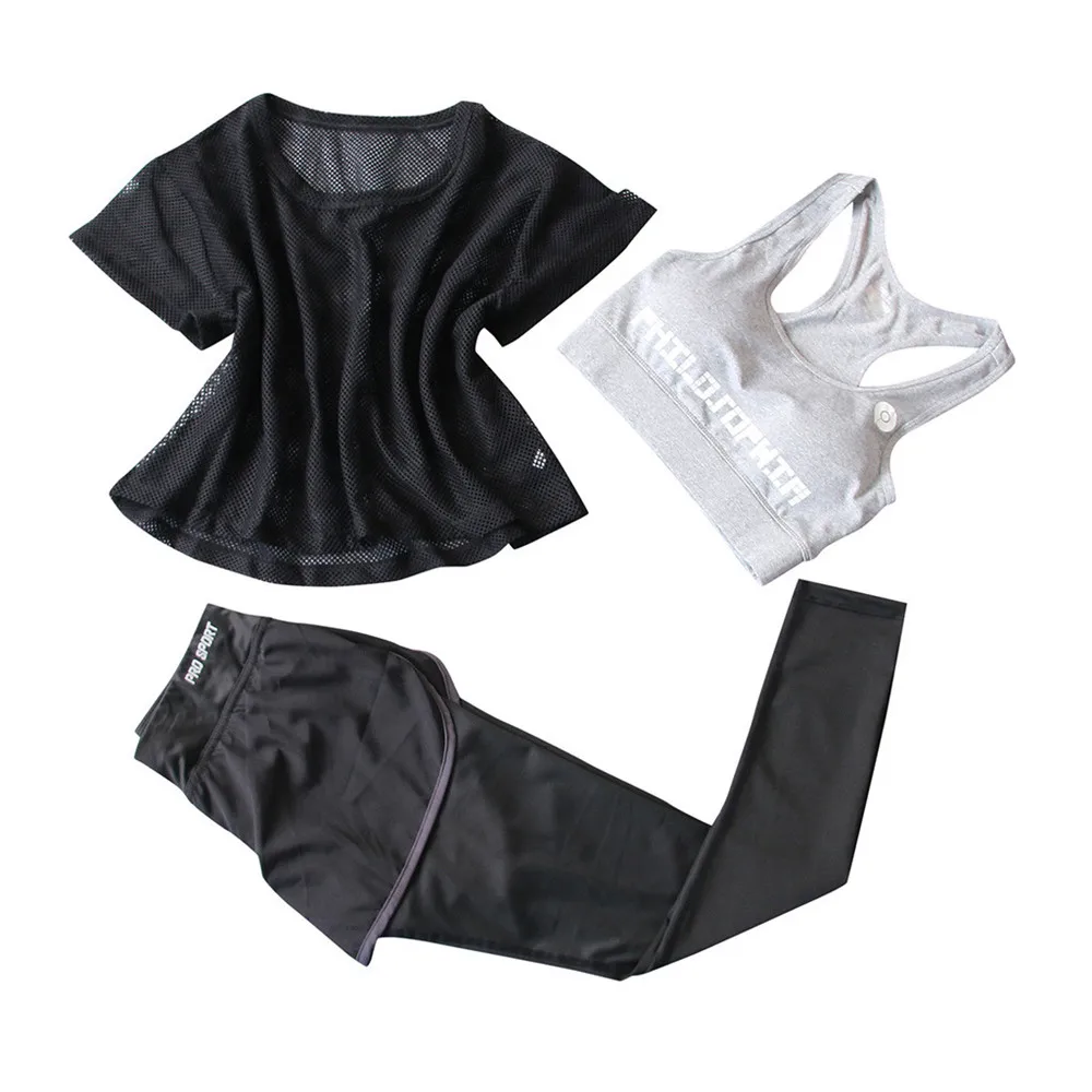 

JAYCOSIN Women Sets Clothes Mesh Short Top And Long Pants Fitness Running Slim Three Piece Set Summer Tracksuit For Ladies