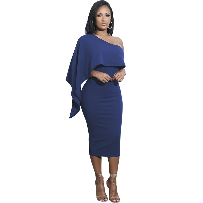 

Women Sexy One-shoulder Mid Dress Summer Slim Ruffles Party Club Bandage Robe Femme Bodycon Sheath Hip Pencil Vestidos White Red