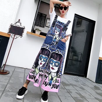 

2018 New Fashional Large Size Student's Overalls Trend Wide Leg Beautiful Girl Pattern Denim Overalls For Female, A196