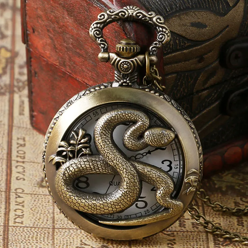 Montre de poche Vintage en Bronze, pendentif creux serpent du zodiaque chinois, Quartz, collier rรฉtro, horloge, cadeau pour enfants