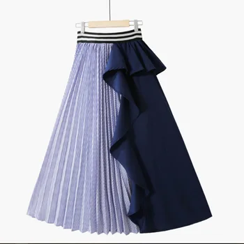 

Women's Skirt 2019 New Summer Contrast Color Stitching High Waist Striped Ruffle Skirt
