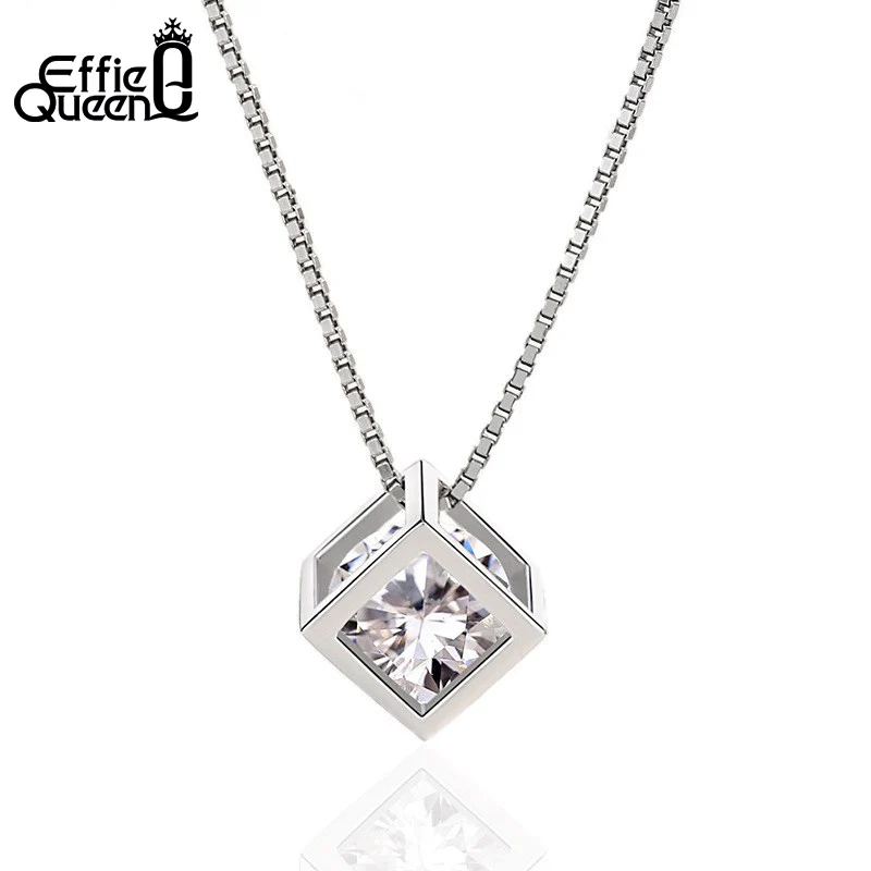 Effie Queen Fashion Square Cube Pendant Necklace For Women With AAA Zircon Shiny Crystal Stone Necklaces Jewelry Wholesale WN49