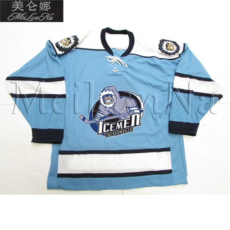 

MeiLunNa Custom ECHL Jacksonville IceMen Hockey Jerseys 11 Cameron Critchlow 19 Cody Fowlie Home Road Sewn On Any Name NO. Size