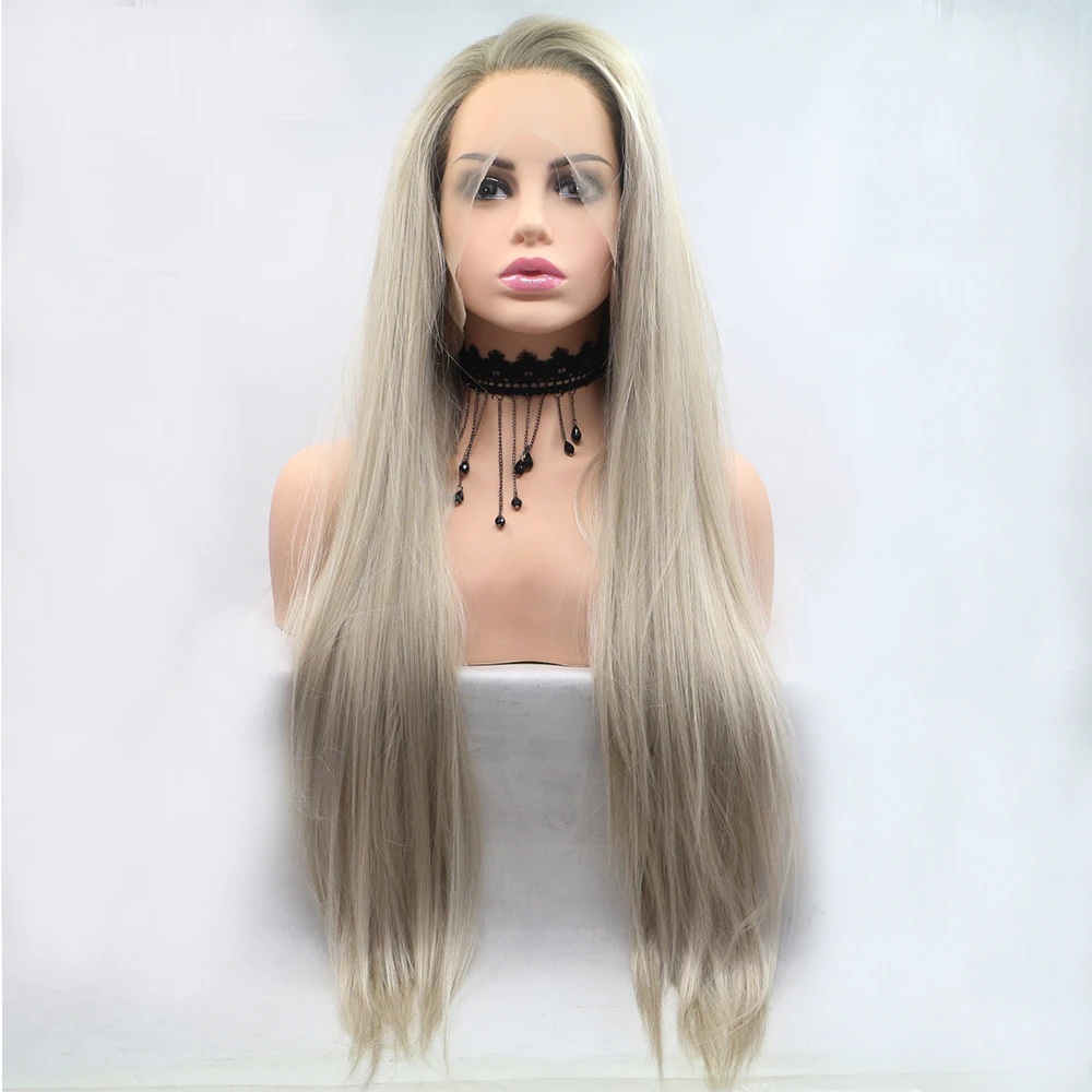 

Fantasy Beauty Glueless Blonde Ombre Lace Front Wigs Synthetic Realistic Looking Side Part Long Straight Dark Roots Mixed Color