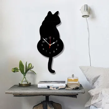

White/Black Wagging Tail Cat Design Wall Clock Kids Bedroom Wall Decoration Unique Gift Creative Cartoon Mute DIY Clock