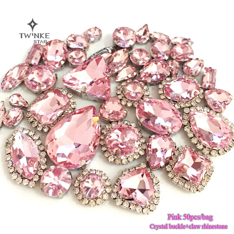 

Pink color Mix size Crystal buckle+claw rhinestone,Silver base galss sew on stones diy/Clothing accessories 50pcs/pack
