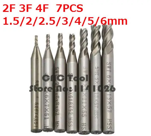 

7Pcs End Mill HSS 2 Flutes 3 Flutes 4 Flutes Blades 1.5mm-6mm Diameter Milling Cutter Straight Shank Router Bit Set CNC Tools