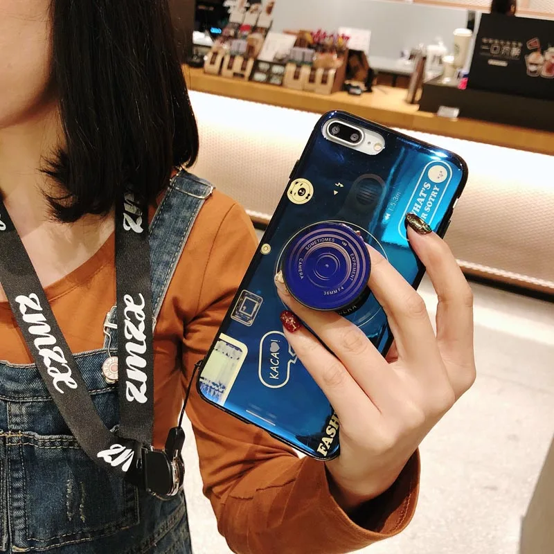 

3D Retro Camera Lanyard Case For iPhone X Xs Max XR 5 6 6s 7 8 Plus Luxury Blue Ray Cute Camera Stand Holder Cover For iPhone 6