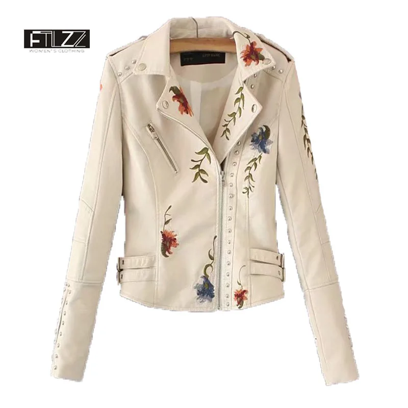 

2018 New Women Rivets Faux Leather Jacket Spring Autumn Slim Floral Embroidery Biker Jacket Ladies Black Cheap Motorcycle Coats