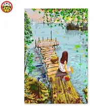 Цифровая картина маслом Девушка пруд маленький мост Сельский китайский современный