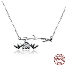 925 Sterling Silver Fantasy Bat on Branch Clear Women Pendant Necklaces Sterling Silver Jewelry Halloween Gift