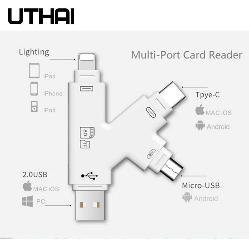 UTHAI C30 USBC Lightning мультикардридер 4в1 type-c/Lightning/MicroUSB/USB адаптер для iPhone 7 8 X Plus TF/SD кардридер