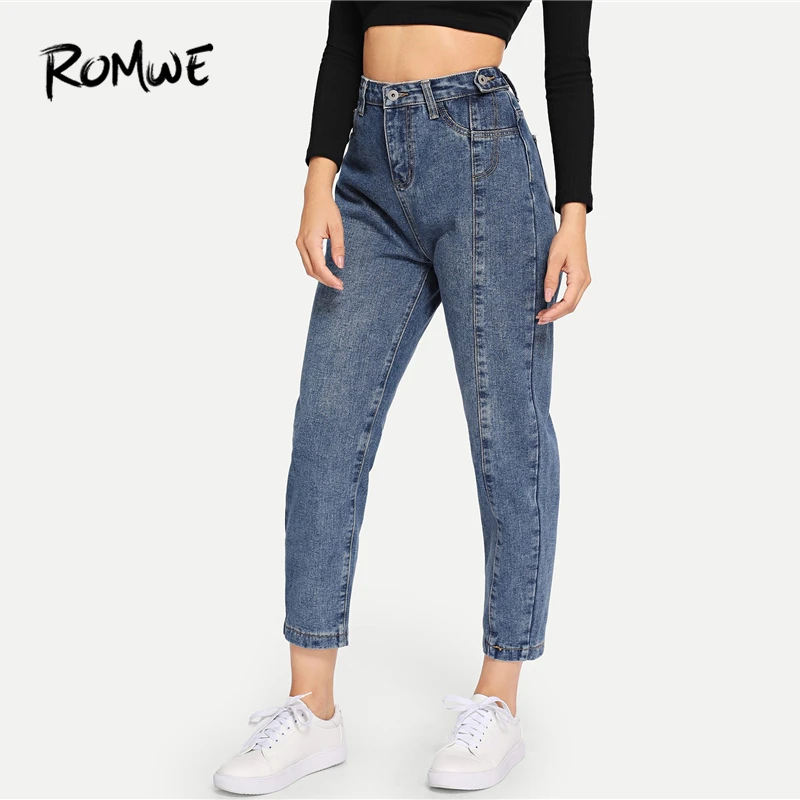 

ROMWE Button Front Pocket Detail Jeans 2019 Stylish Blue Mid Waist Button Fly Denim Pants Spring Autumn Zipper Casual Pants