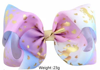 

free shipping 12pcs 8" gold unicorn Bow With Hair Clip unicorn big hair bow ombre hair clips Girls Kids Handmade