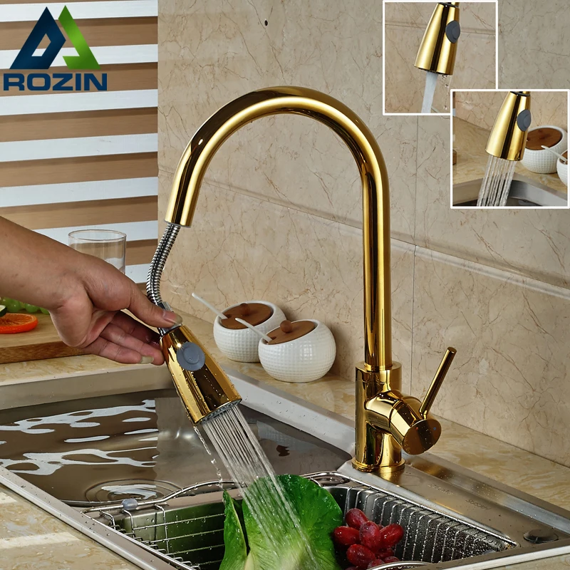 Luxury Golden Pull Out Down Kitchen Faucet Deck Munted One Handle Single Hole Dual Sprayer Nozzle
