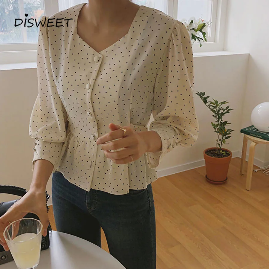 

2019 Spring Korean Casual V-neck Fit Blouse Fashion Dot Print Ruffled Hem Shirt Ms. Harajuku Slim Long Sleeve Sweet Top