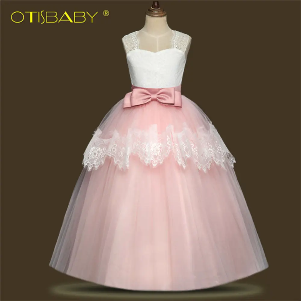Романтическое розовое Пышное кружевное платье с длинными рукавами для девочек, держащих букет невесты на свадьбе, зеленое бальное платье из органзы для девочек, платье для причастия - Цвет: Pink