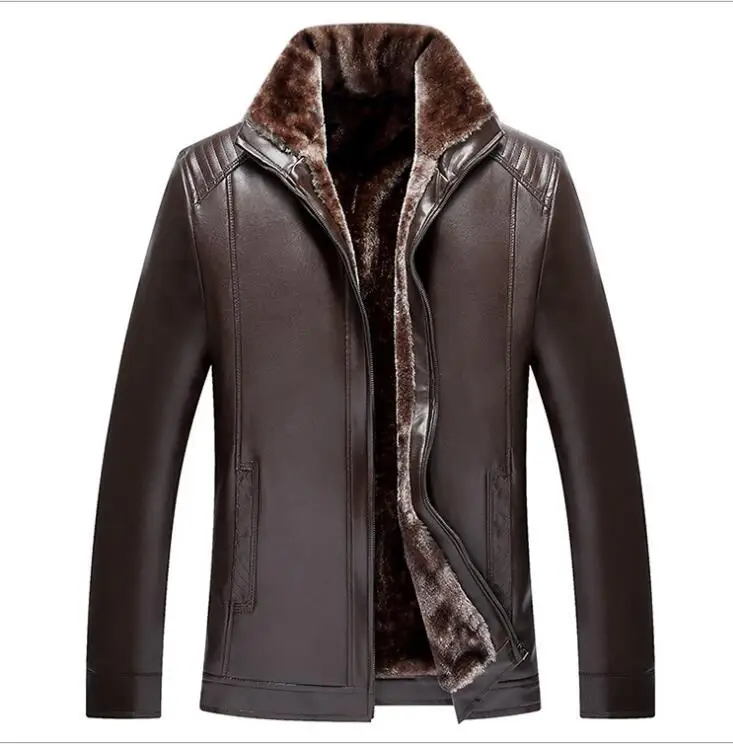 M-4XL! Мужские пальто больших размеров зимняя куртка из искусственной кожи с меховым воротником для отдыха среднего и среднего возраста - Цвет: brown