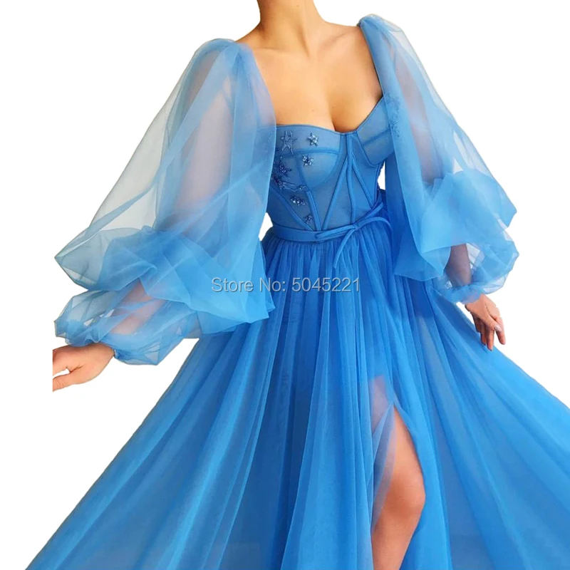 

Blue African Evening Dresses Vestido De Festa Longo Sweetheart Long Sleeves High Slit A Line Arabic Prom Dresses Party Gowns