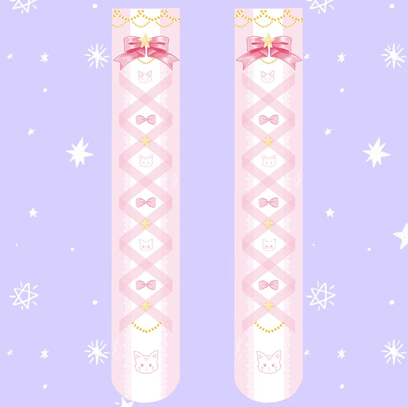 

Japanese Cute Kawaii Bowknot Cartoon Printed Fairytale Girls Lolita Velvet Overknee Tights Socks Cosplay Stockings
