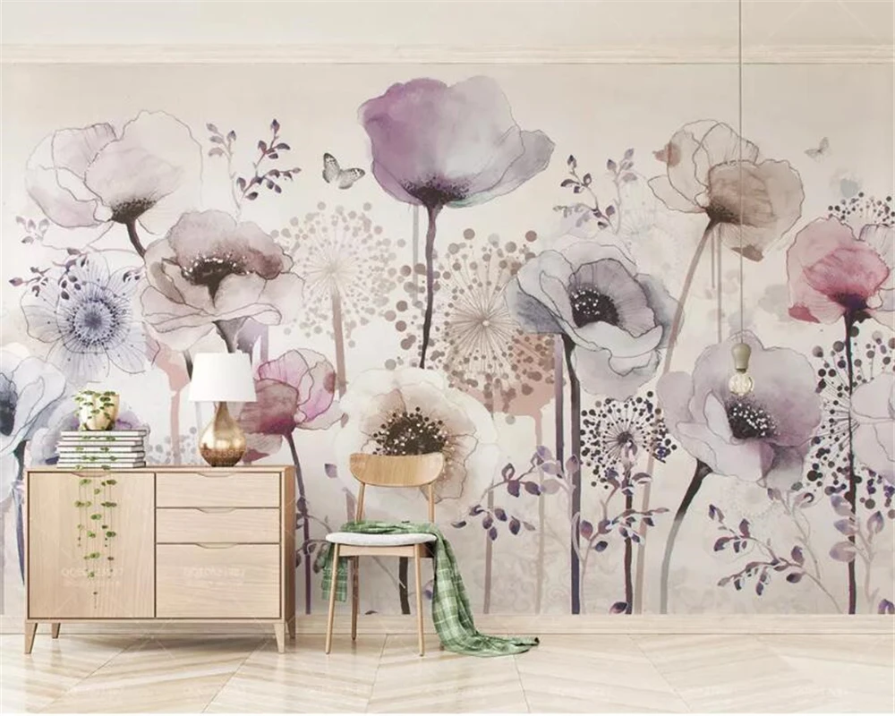 

Beibehang custom made individuality wallpaper watercolor hand painted style Purple flower TV background wall 3d wallpaper mural