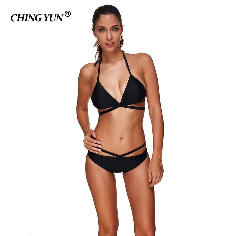 

Woman swimwear beach Women's swimsuit sexy Bikini set pure black ladies swimwear Halter beachwear Brazilian girls Bathing Suit