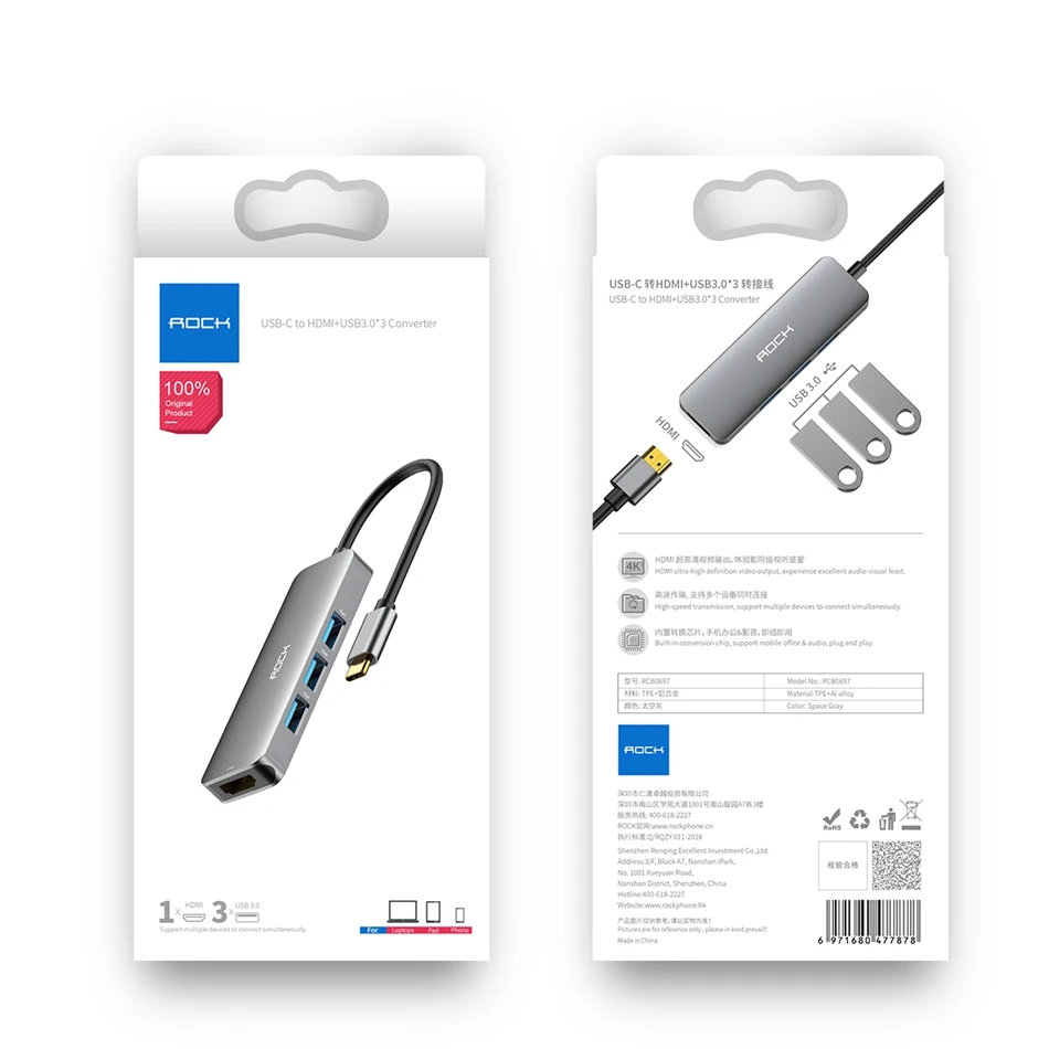 ROCK usb type C к HDMI ноутбук стыковочный кабель для Macbook tv USB C к HDMI 4K 3 порта USB 3,0 Портативный адаптер для зарядки type C