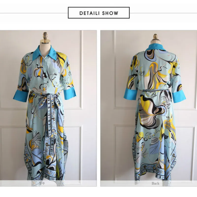 Летние рукава до локтя, с поясом рубашка свободные Vestidos до середины икры Нерегулярные Повседневная Офисная Рабочая Платье с принтом