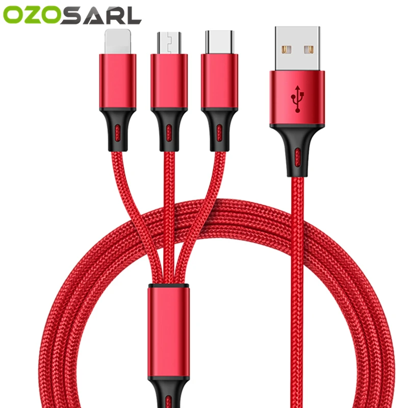 

USB Cable 5V 2.4A 3 in 1 Fast Charging Fabric Braide Type C Micro USB Charger Cable for Xiaomi Wire Cord for iPhone iPad Cable
