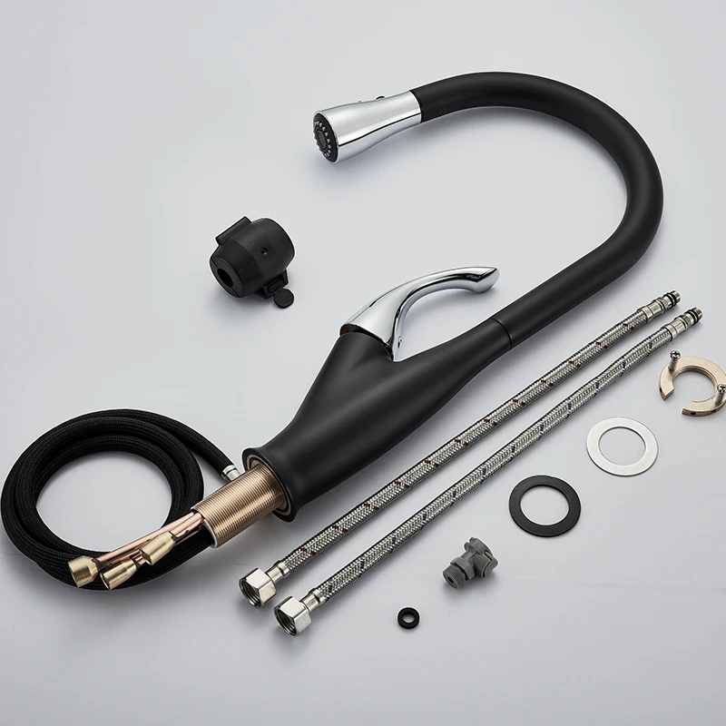 quyanre wanfan gappo black chrome kitchen faucet with pull out spray kitchen sink tap single handle mixer tap 360 rotation