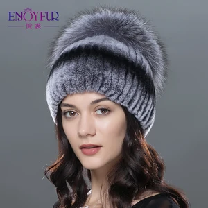 Женская меховая шапка ENJOYFUR, вязаная шапка бини из натурального меха кролика или черно-бурой лисы на зиму - изображение