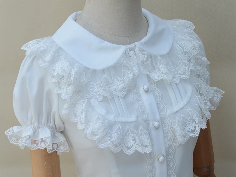 Милая женская шифоновая рубашка с коротким рукавом, винтажная белая/черная блузка с отложным воротником и кружевной отделкой