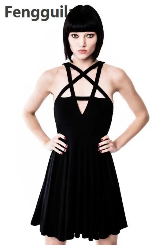 Summer Fashion Women Dress Gothic Vintage Romantic Casual Dress Without Belt Sexy Black Dress Nq816758