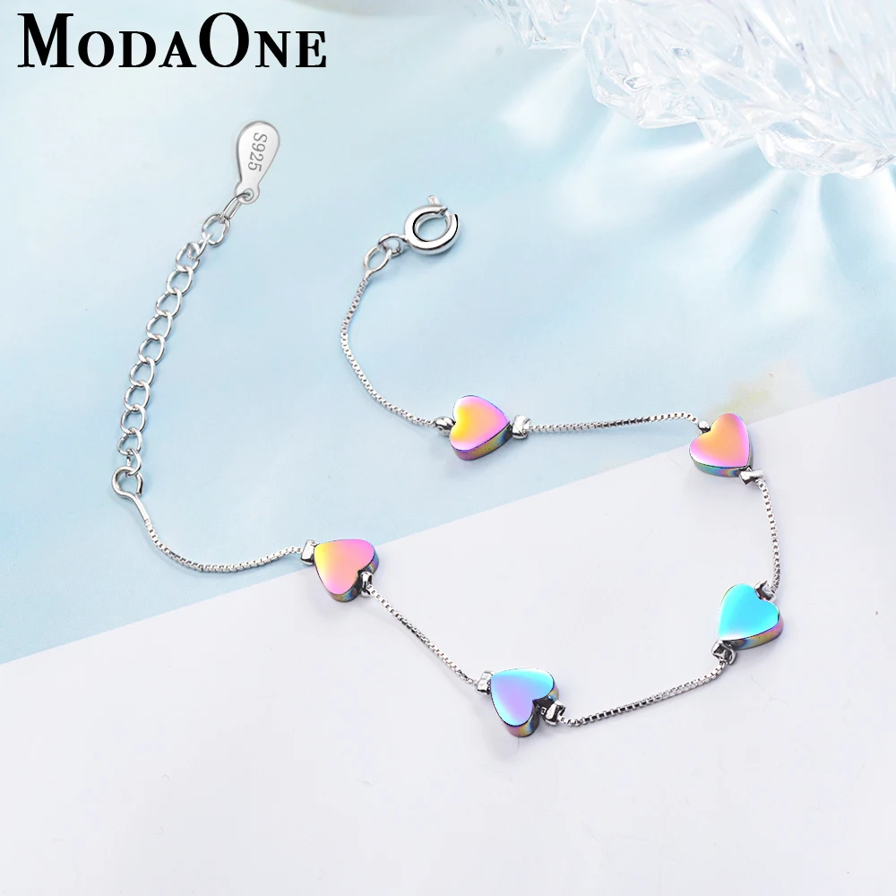 

ModaOne Charm Lovely Colored Heart Sterling Silver Bracelets For Women Korean Fashion Trendy Jewelry