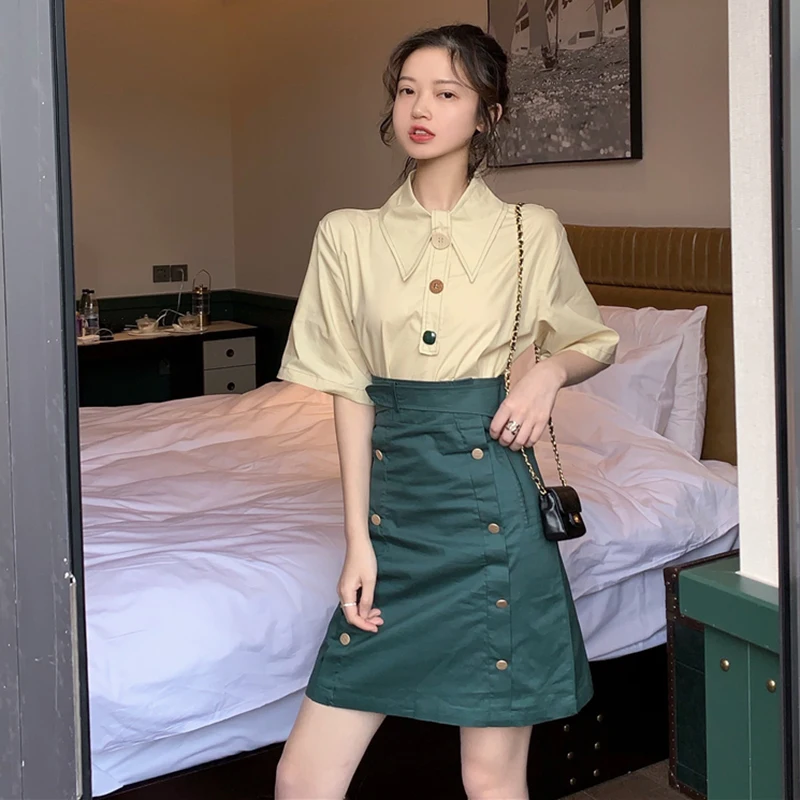 Women Skirt Vintage Short Skirt High Waist Casual Skirts with Button Solid A-Line Skirt Summer Fashion