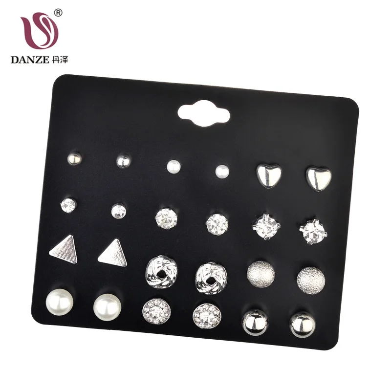 

DANZE 12Pairs/Lot Crystal Imitation Pearls Metal Ball Small Stud Earrings Set For Female Heart Triangle Ear Stud Kolczyki Aros