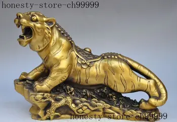 

14" china fengshui brass wealth money coin angry animal zodiac tiger roar statue
