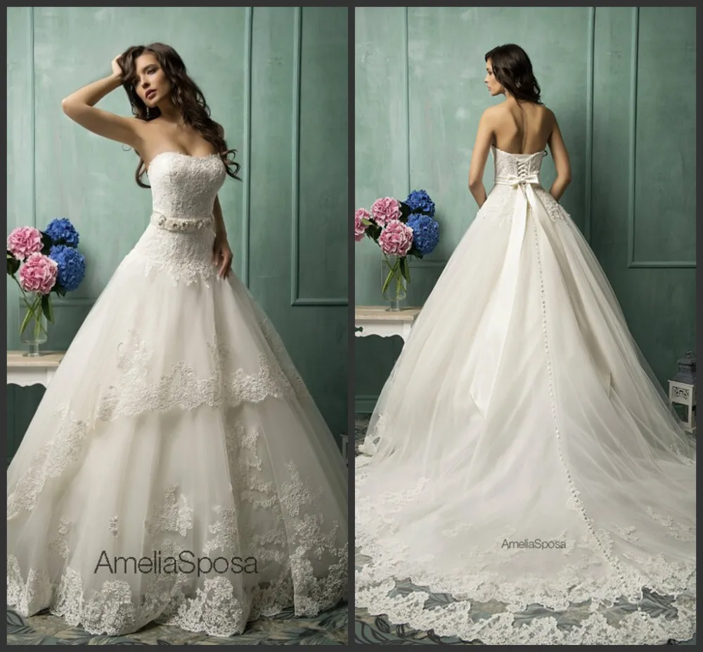 

Stunning Amanda Novias White Lace Ball Gown Long Train Wedding Dress Made To Orders 2015 vestido noiva