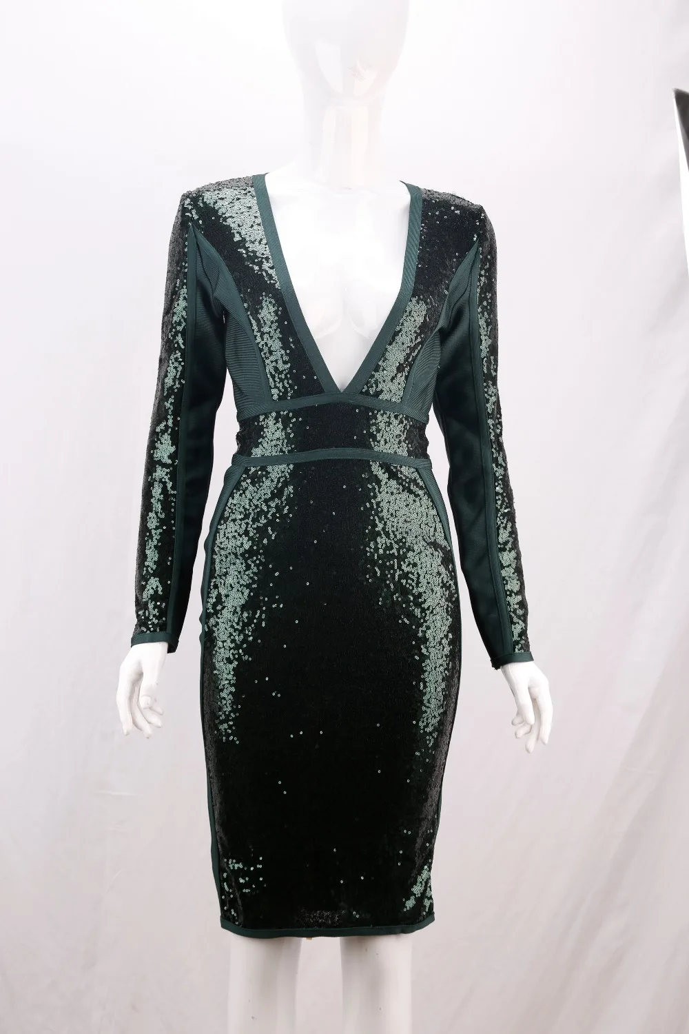 Slim Bodycon Bandage Dress Long Sleeve Knee Length Midi Dresses Sequined Autumn High Quality