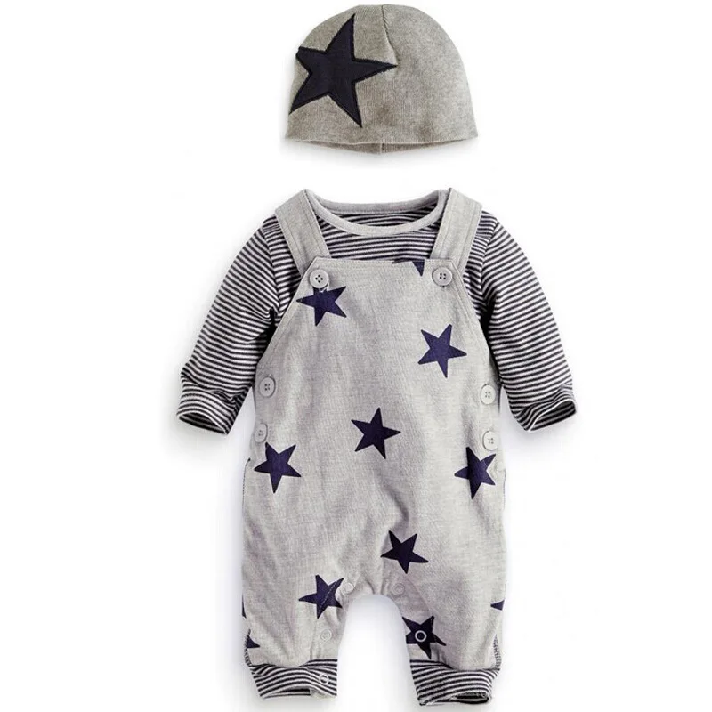 Комплект одежды для маленьких мальчиков и девочек, черно-серая полосатая футболка+ комбинезон+ шапочка, костюмы со звездами - Цвет: photo color