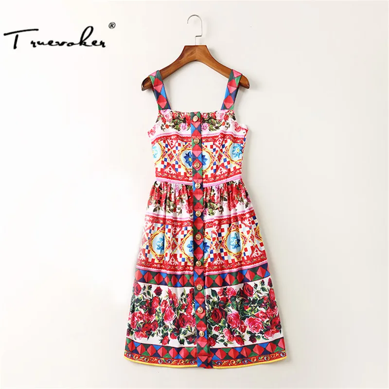 

Truevoker Summer Designer Plus Size Dress Women's High Quality Multicolor Flower Printed Front Button Spaghetti Strap Dresses