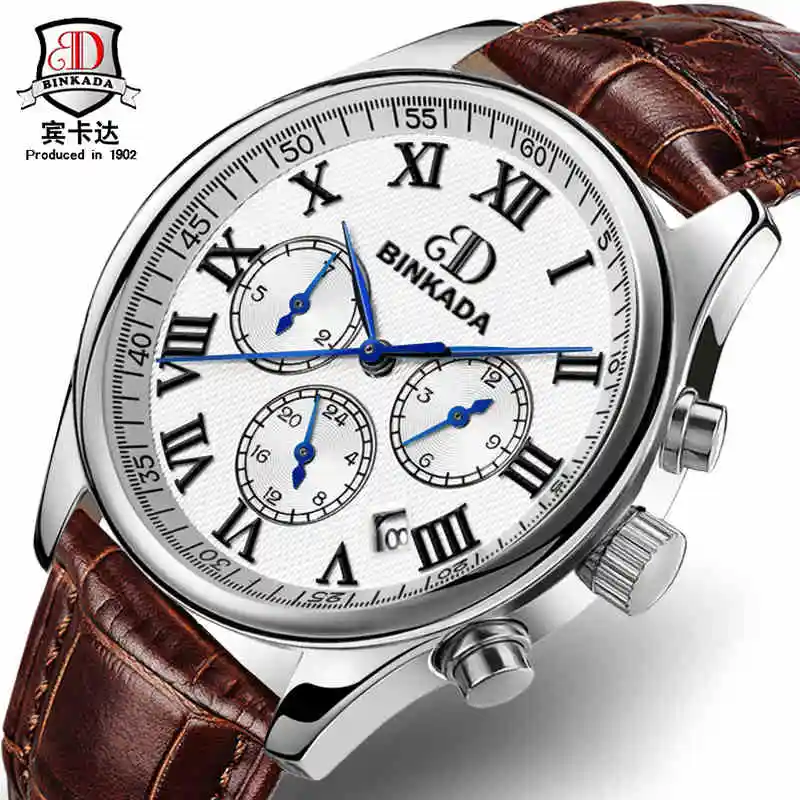 

BINKADA Classic Mens Womens Watches automatic Mechanical Watch Self-Winding Analog Multi-function Brown Leather Man Wristwatch