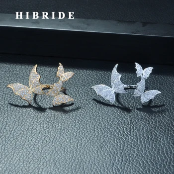 

HIBRIDE New Butterfly Shape Mirco CZ Pave Adjustable Rings for Women Jewelry White Gold Color Ring Anillos Mujer Wholesale R-268
