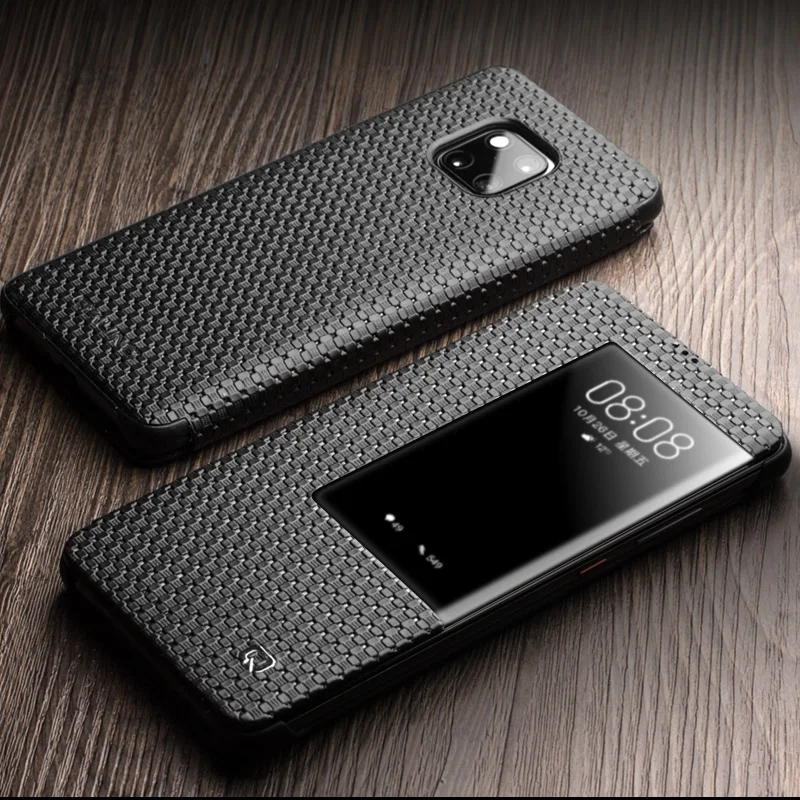 

Intelligent Sleep Window Case For Huawei Mate 20 Pro Case Lattice Pattern Genuine Leather Case For Huawei Mate 20Pro Cowhide