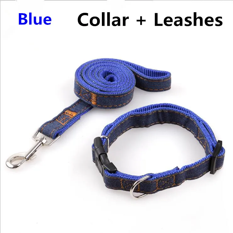 Хит, высокое качество, воротник, стереометрическая веревка, износостойкая, ковбойская, сшитая, Тяговая веревка, нагрудные ремни, воротник, набор, Джинсовые ремни для собак - Цвет: Blue Collar Leash