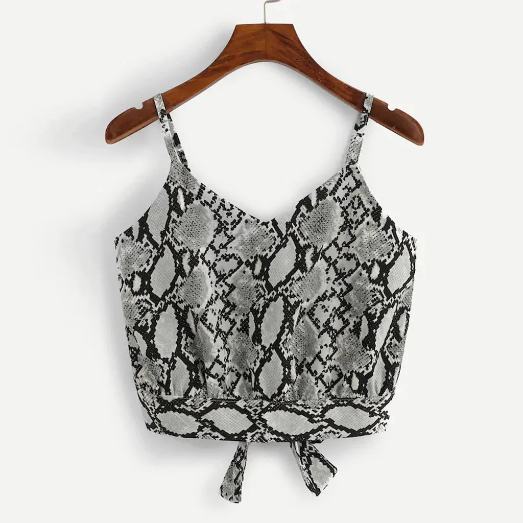 

Sexy Tank Top Cropped Lady Self Tie Back V Neck Snake Print 2019 Summer Crop Top Women Tops Feminino Camisole Blouse 19JAN14
