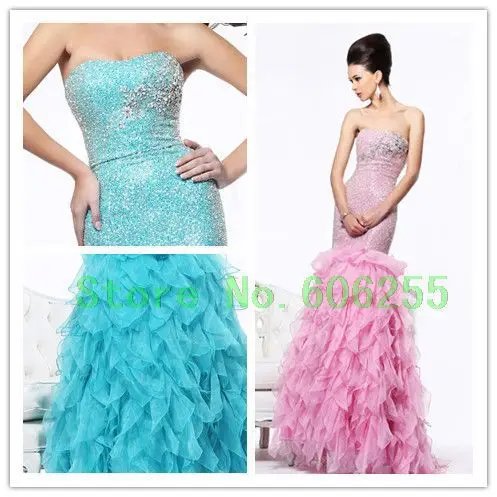 Long formal dresses 2014 Sexy Strapless Mermaid Beaded Organza Lace Crystals Zipper Back Floor Length Prom Dresses SH1564 | Свадьбы и