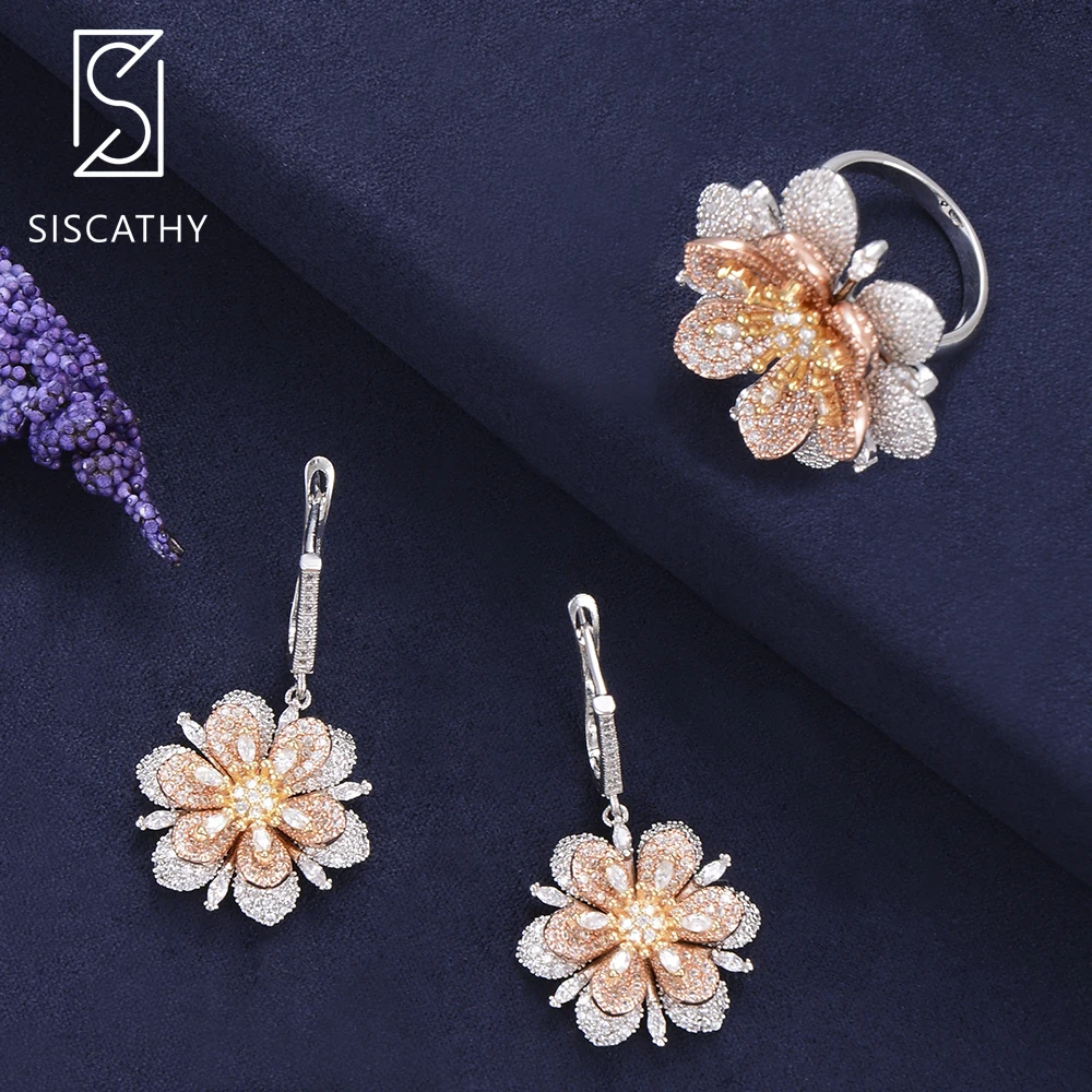 

Trendy Cubic Zirconia Blossom Shape Earrings Ring Sets nigerian jewelry set for women Engagement Party Wedding fashion jewelry
