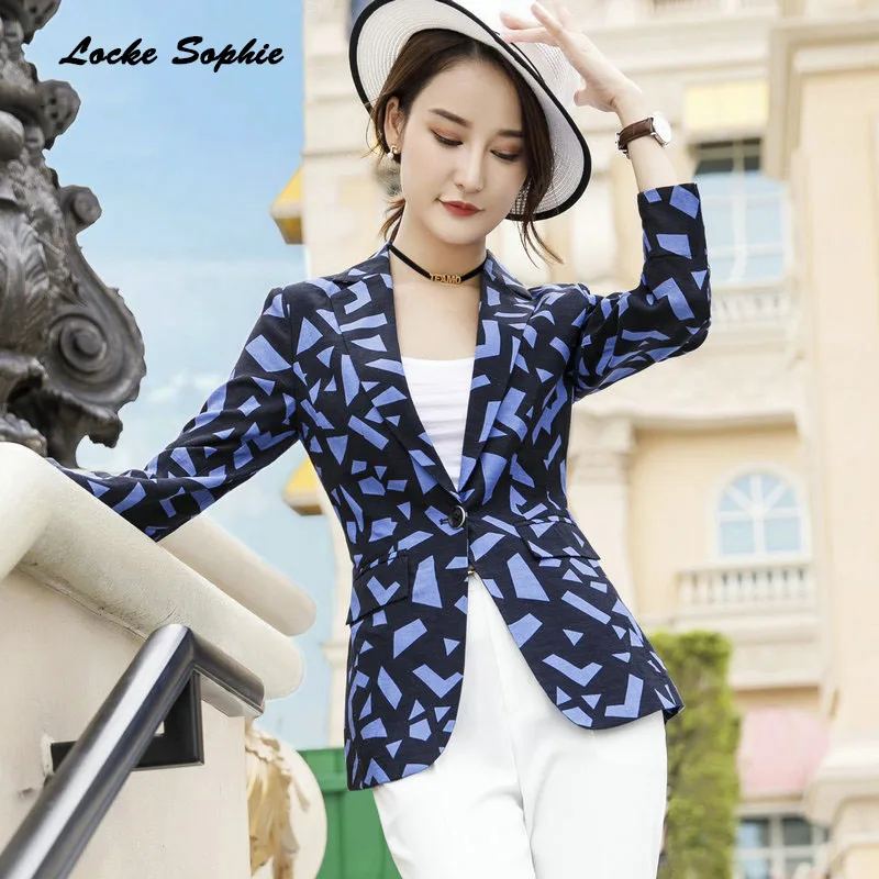 1pcs Women's Plus size Blazers coats 2019 Summer cotton Prints Single buckle Suits jackets ladies Skinny Blazers Suits coats