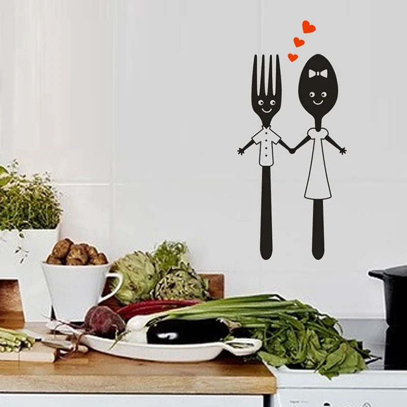 Кухонный Декор столовые приборы Милая Ложка Вилка дизайн виниловая настенная живопись Наклейка на стену для кухни